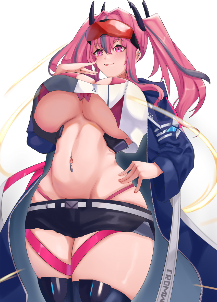 1girl :3 :p absurdres azur_lane bangs belt bikini black_shorts blue_jacket blue_legwear blush breasts bremerton_(azur_lane) cleavage commentary cowboy_shot cromwellb crop_top cutoffs ear_piercing eyebrows_visible_through_hair eyewear_on_head front-tie_bikini front-tie_top grey_belt grey_hair groin hair_between_eyes hair_intakes hair_ornament hand_on_hip hand_up highleg highleg_bikini highres hood hood_down hooded_jacket huge_breasts jacket long_hair long_sleeves looking_away midriff multicolored_hair navel navel_piercing no_mole number open_clothes open_jacket piercing pink_bikini pink_eyes pink_hair red-tinted_eyewear short_shorts shorts sidelocks simple_background skindentation smile solo standing streaked_hair sunglasses swimsuit thigh_strap thighhighs tongue tongue_out twintails two-tone_hair underboob white_background