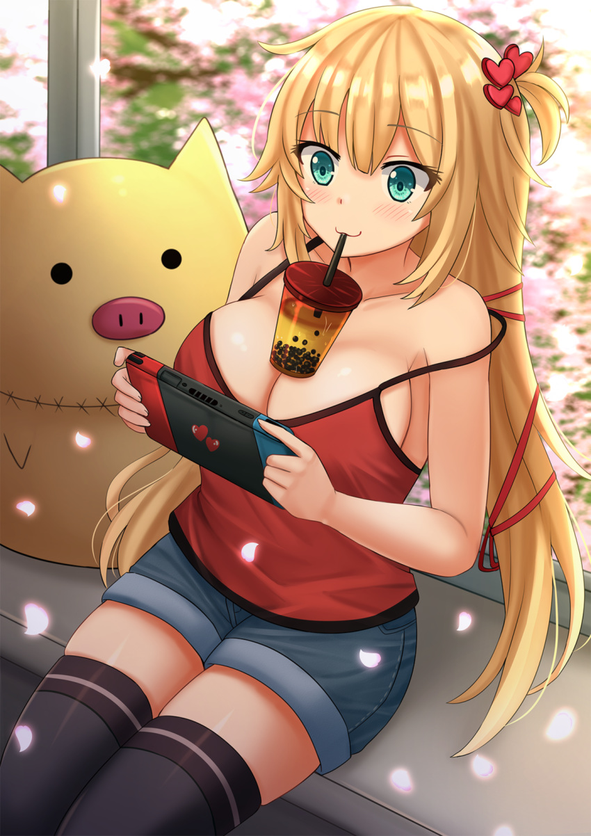 1girl :3 akai_haato aqua_eyes bare_arms bare_shoulders black_legwear blonde_hair blue_shorts breasts bubble_tea bubble_tea_challenge camisole cleavage collarbone commentary cup denim denim_shorts disposable_cup drinking_straw haaton_(haato_channel) hair_ornament highres holding hololive kazenokaze large_breasts long_hair looking_at_viewer nintendo_switch object_on_breast one_side_up red_shirt shirt short_shorts shorts sitting sleeveless sleeveless_shirt solo spaghetti_strap strap_slip thighhighs very_long_hair virtual_youtuber