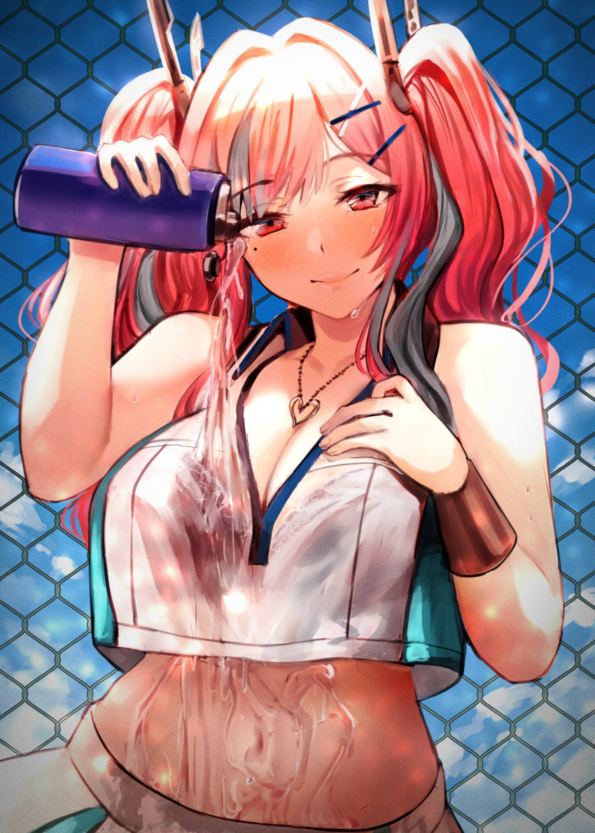 1girl azur_lane bangs bare_shoulders blush bottle bra breasts bremerton_(azur_lane) bremerton_(scorching-hot_training)_(azur_lane) chain-link_fence cleavage closed_mouth collared_shirt commentary_request fence hair_ornament hairclip heart heart_necklace highres jewelry large_breasts long_hair midriff mole mole_under_eye multicolored_hair navel necklace pouring_onto_self red-tinted_eyewear red_eyes rin_(028ilc) see-through shirt short_sleeves skirt smile sportswear streaked_hair sweat tennis tennis_uniform twintails two-tone_skirt underwear water water_bottle wet