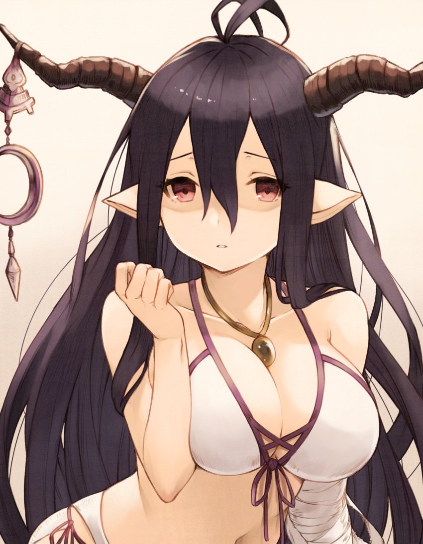 1girl antenna_hair bandage bandaged_arm bandages bangs bare_arms bare_shoulders bikini black_hair breasts cleavage collarbone commentary_request danua draph front-tie_bikini front-tie_top granblue_fantasy hair_between_eyes hand_up highres horn_ornament horns jewelry koretsuki_azuma large_breasts leaning_forward long_hair looking_at_viewer navel necklace parted_lips pointy_ears red_eyes shaded_face side-tie_bikini sidelocks solo stomach swimsuit upper_body very_long_hair white_bikini
