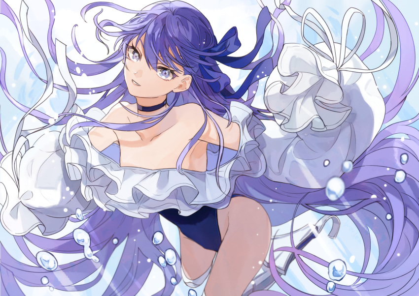 1girl absurdres air_bubble bangs bare_shoulders blue_choker blue_eyes blue_ribbon blue_swimsuit breasts bubble choker collarbone covered_navel fate/grand_order fate_(series) frills hair_ribbon highleg highleg_swimsuit highres huge_filesize long_hair looking_at_viewer meltryllis meltryllis_(swimsuit_lancer)_(fate) off-shoulder_swimsuit one-piece_swimsuit parted_lips puffy_sleeves purple_hair ribbon shiroi_sora sleeves_past_fingers sleeves_past_wrists small_breasts smile solo swimsuit thighs very_long_hair