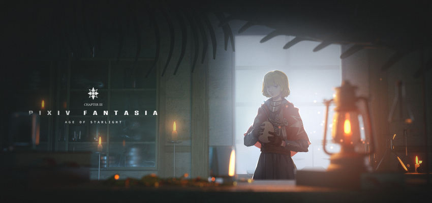 1girl absurdres baka_(mh6516620) blonde_hair blue_eyes blurry_foreground candle capelet english_text fantasy gloves highres looking_at_viewer pixiv_fantasia pixiv_fantasia_age_of_starlight short_hair skeleton solo standing window