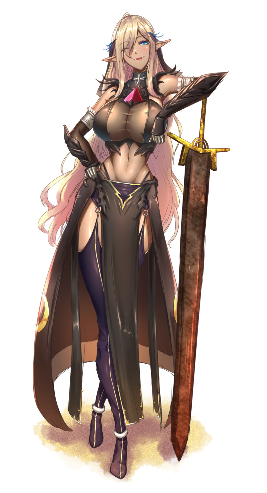 1girl adonis_belt blonde_hair blue_eyes breasts cleavage dark_elf dark_skin elbow_gloves elf full_body gauntlets gloves hand_on_hip highres large_breasts original pointy_ears see-through shiroshisu smile solo standing sword weapon white_background