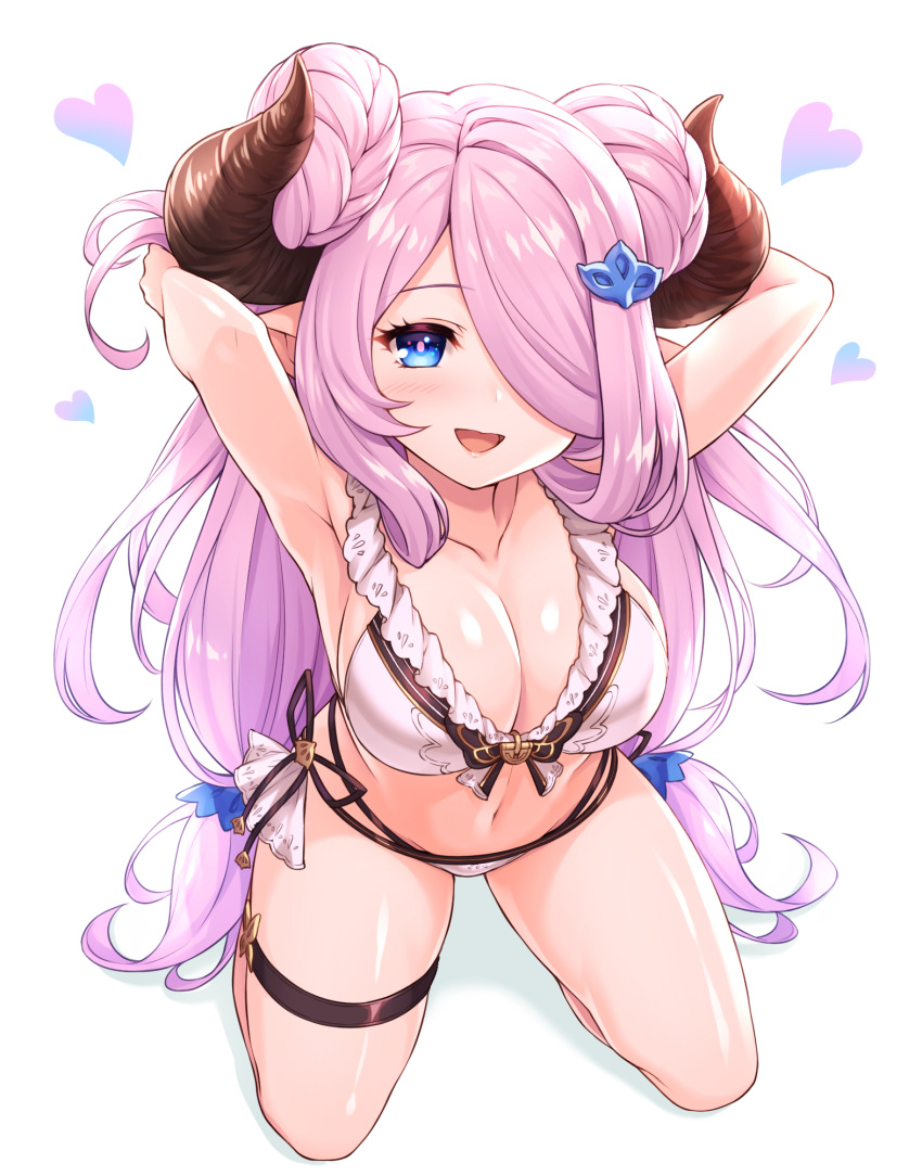 1girl bangs blue_eyes blush braid breasts collarbone commentary_request draph from_above gloves granblue_fantasy hair_ornament hair_over_one_eye heart highres horns large_breasts lavender_hair long_hair looking_at_viewer narmaya_(granblue_fantasy) open_mouth pointy_ears smile solo tomo_(user_hes4085)