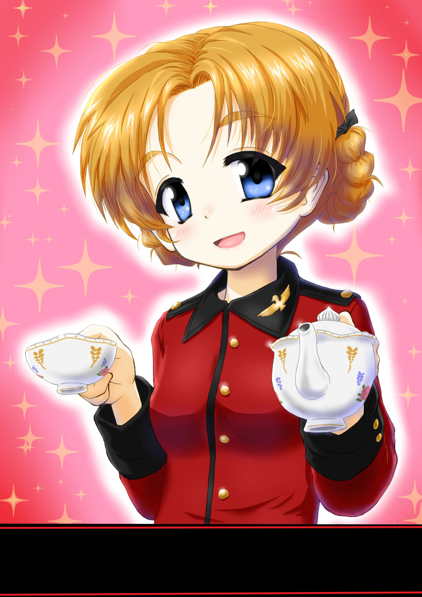 1girl absurdres bad_id bad_twitter_id bangs black_ribbon blue_eyes braid commentary cup daxz240r epaulettes eyebrows_visible_through_hair girls_und_panzer hair_ribbon highres holding holding_cup holding_teapot insignia jacket long_sleeves looking_at_viewer military military_uniform open_mouth orange_hair orange_pekoe_(girls_und_panzer) parted_bangs red_jacket ribbon short_hair smile solo sparkle st._gloriana's_military_uniform teacup teapot tied_hair twin_braids uniform upper_body