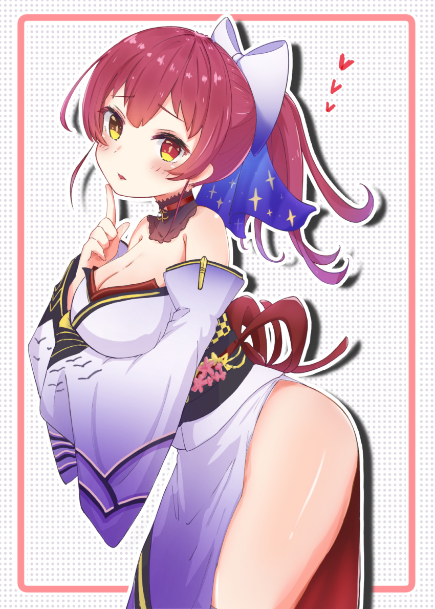 1girl bare_shoulders blush bow breast_hold breasts cleavage cowboy_shot crossed_arms detached_collar detached_sleeves eyebrows_visible_through_hair finger_to_chin hair_bow heart heterochromia highres hololive houshou_marine index_finger_raised japanese_clothes kimono long_sleeves looking_at_viewer medium_breasts medium_hair obi off-shoulder_kimono parted_lips polka_dot polka_dot_background ponytail red_eyes red_hair sasaki_(glass1138) sash side_slit solo thighs virtual_youtuber wide_sleeves yellow_eyes