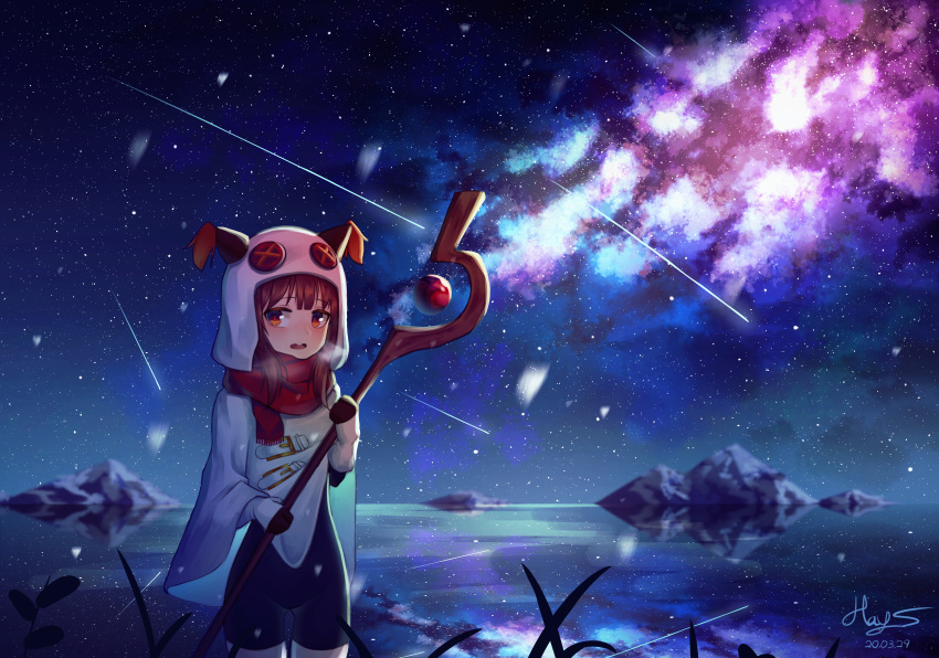 1girl absurdres alternate_costume animal_ears bangs black_gloves brown_eyes brown_hair commentary_request dated gloves highres holding holding_staff hood hood_up huge_filesize kono_subarashii_sekai_ni_shukufuku_wo! looking_at_viewer megumin night open_mouth outdoors scenery signature sky smile solo staff star_(sky) starry_sky tagme upper_teeth winter yansae81