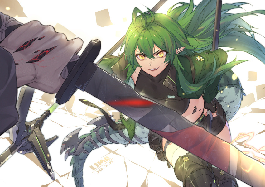 1girl :d alligator_tail antenna_hair arknights bangs black_footwear black_shirt black_shorts boots dated gavial_(arknights) glowing glowing_eyes green_hair green_jacket hair_between_eyes highres holding holding_sword holding_weapon jacket left-handed long_hair looking_at_viewer midriff open_clothes open_jacket open_mouth pointy_ears pouch pov red_eyes reflection shirt short_shorts shorts simple_background smile solo_focus sword tail thigh_boots thighhighs v-shaped_eyebrows weapon white_background yellow_eyes yumero