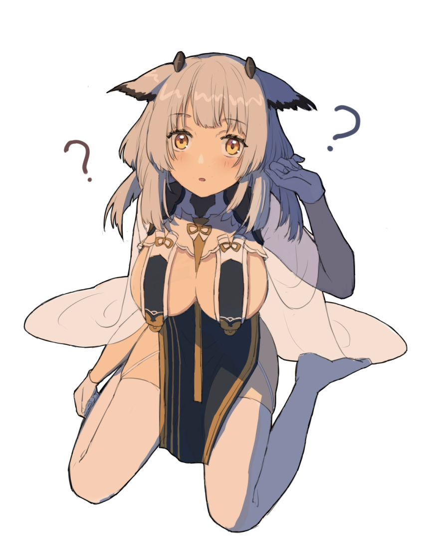 1girl ? arknights azur_lane bangs black_dress blush breast_curtains breasts cape chinese_commentary commentary_request cosplay dress eyebrows_visible_through_hair gloves hand_up highres kurukubouru large_breasts long_hair looking_at_viewer no_shoes parted_lips pointy_hair ptilopsis_(arknights) silver_hair simple_background sirius_(azur_lane) sirius_(azur_lane)_(cosplay) sirius_(azure_horizons)_(azur_lane) sitting solo thighhighs wariza white_background white_cape white_gloves white_legwear yellow_eyes