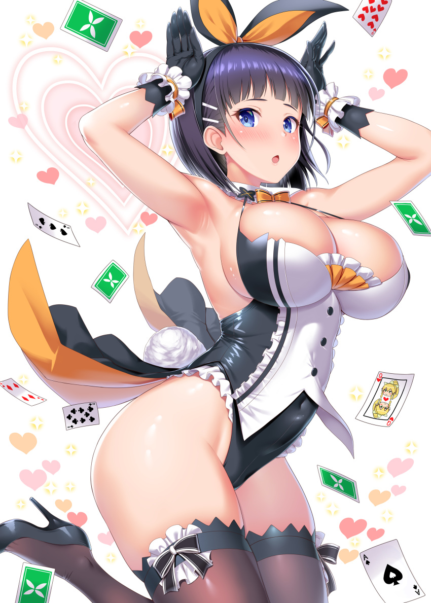 1girl :o absurdres animal_ears armpits arms_up bangs black_hair blue_eyes breasts bunny_ears bunny_girl bunny_pose bunny_tail bunnysuit capelet card cleavage covered_navel detached_collar fanbox_reward gloves hair_ornament hair_ribbon hairclip heart high_heels highres jumping kawase_seiki kirigaya_suguha knees_together_feet_apart large_breasts leotard medium_hair neck_ribbon open_mouth paid_reward playing_card ribbon shiny shiny_skin solo sparkle sword_art_online tail thighhighs thighs white_background