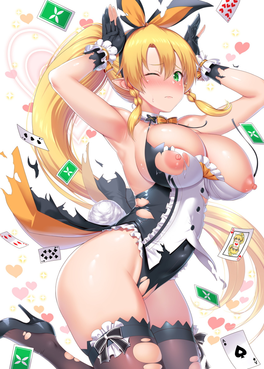 1girl :d animal_ears areolae armpits arms_up bangs blonde_hair blush braid breasts bunny_ears bunny_girl bunny_pose bunny_tail bunnysuit capelet card cleavage covered_navel detached_collar embarrassed eyebrows_visible_through_hair gloves green_eyes hair_ribbon heart high_heels highres jumping kawase_seiki knees_together_feet_apart large_breasts leafa leotard neck_ribbon nipples one_eye_closed open_mouth playing_card ribbon shiny shiny_skin sidelocks smile solo sparkle sword_art_online tail thighhighs thighs torn_capelet torn_clothes torn_legwear torn_leotard white_background