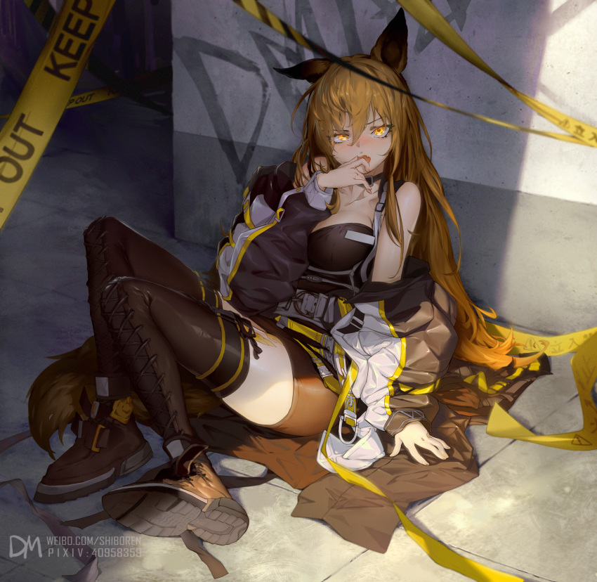 1girl absurdres animal_ears arknights arm_between_breasts bangs bare_shoulders blush boots breasts brown_footwear brown_legwear caution_tape ceobe_(arknights) cleavage damiaoermiao dog_ears dog_girl dog_tail fang hand_to_own_mouth highres jacket keep_out large_breasts long_hair looking_at_viewer nose_blush open_clothes open_jacket open_mouth orange_hair red_eyes solo tail thighhighs very_long_hair zettai_ryouiki