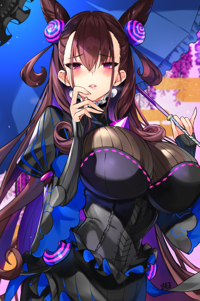 1girl alraco amethyst_(gemstone) bangs black_dress blue_umbrella blush breasts brown_hair double_bun dress fate/grand_order fate_(series) flower frilled_umbrella gem highres holding holding_umbrella juliet_sleeves large_breasts long_hair long_sleeves looking_at_viewer murasaki_shikibu_(fate) puff_and_slash_sleeves puffy_sleeves purple_eyes sleeves_past_wrists solo two_side_up umbrella very_long_hair wisteria