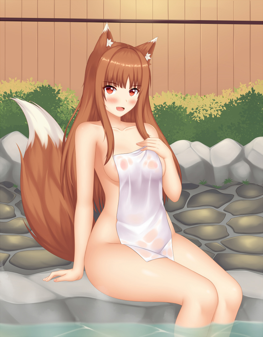 1girl absurdres animal_ear_fluff animal_ears bangs blush breasts brown_hair eyebrows_visible_through_hair fang highres holo keshigomu long_hair looking_at_viewer medium_breasts nude onsen open_mouth red_eyes sitting solo spice_and_wolf tail towel water wolf_ears wolf_tail
