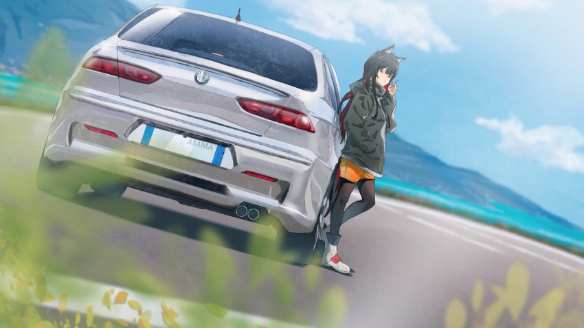 1girl alfa_romeo animal_ears arknights artist_name asama_(drift_in) black_hair black_jacket black_legwear blurry boots car cigarette closed_mouth cloud cloudy_sky day depth_of_field dutch_angle grass ground_vehicle hand_in_pocket highres hood hooded_jacket jacket long_hair long_sleeves looking_at_viewer motor_vehicle mountain multicolored_hair ocean orange_eyes orange_shorts outdoors pantyhose red_hair road short_shorts shorts sky solo tail texas_(arknights) two-tone_hair white_footwear wolf_ears wolf_tail