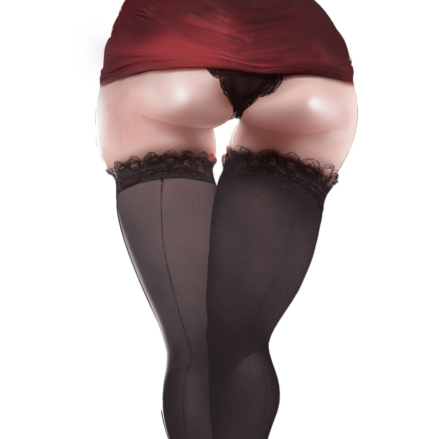 1girl ada_wong ass ass_focus black_legwear black_panties close-up dress from_behind highres lace lace_panties lokyscar panties red_dress resident_evil resident_evil_2 simple_background skindentation skirt solo thighhighs underwear white_background