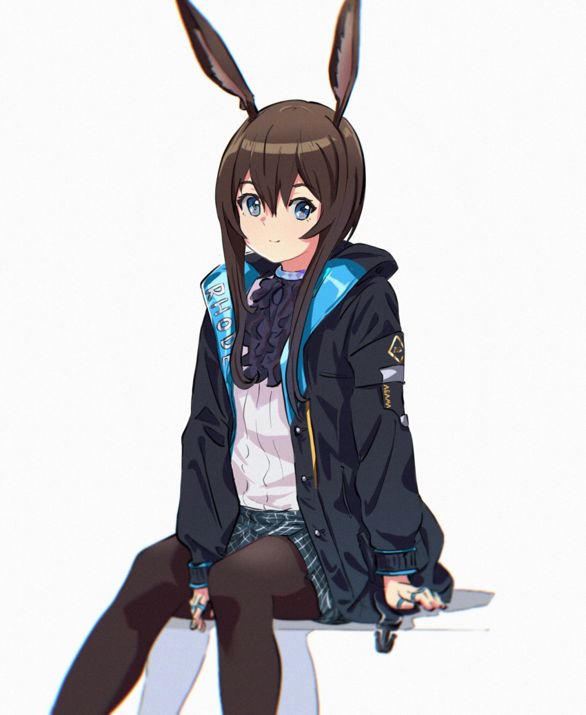 1girl amiya_(arknights) animal_ears arknights artist_name asama_(drift_in) black_jacket black_legwear blue_eyes blurry breasts brown_hair bunny_ears closed_mouth collar depth_of_field frilled_collar frills hair_between_eyes highres hood hooded_jacket invisible_chair jacket jewelry long_hair long_sleeves looking_at_viewer miniskirt multiple_rings neck_ring pantyhose plaid plaid_skirt ribbed_shirt ring shirt simple_background sitting skirt small_breasts smile solo straight_hair thumb_ring white_background