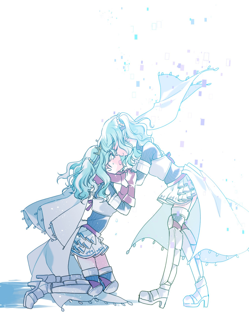 2girls ai-chan_(magia_record) armor armored_boots arms_around_neck ayumaru_(art_of_life) backlighting bangs blunt_bangs boots brown_gloves cape closed_eyes closed_mouth crying crying_with_eyes_open curly_hair dissolving eyebrows_visible_through_hair eyelashes flying_teardrops forehead-to-forehead from_side full_body futaba_sana gloves green_hair hand_on_another's_arm happy highres jewelry knee_pads kneeling layered_skirt leaning leaning_forward light_particles light_smile looking_at_another looking_up magia_record:_mahou_shoujo_madoka_magica_gaiden mahou_shoujo_madoka_magica multiple_girls open_mouth pearl_(gemstone) pearl_hair_ornament profile ribbed_sweater sad shadow sidelocks simple_background skirt sweater tears thighhighs tiara turtleneck turtleneck_sweater twintails veil waist_cape white_background zettai_ryouiki