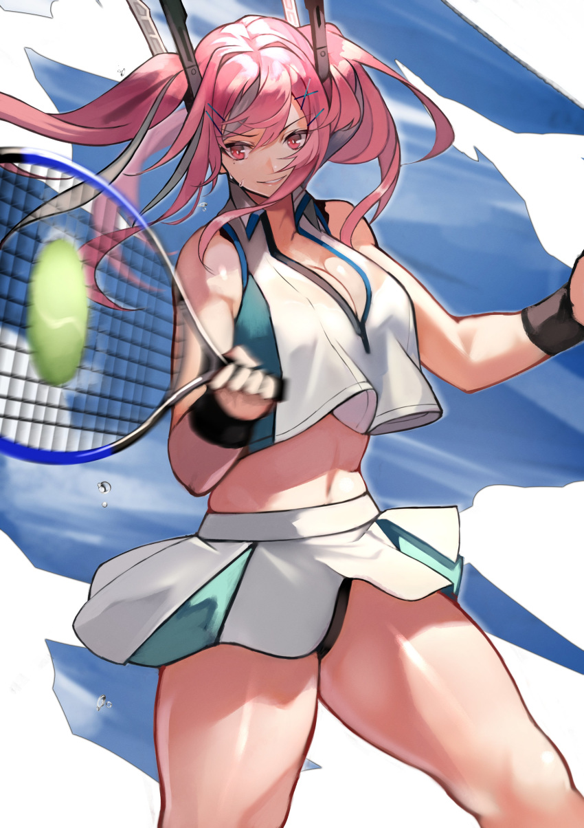 1girl 55level absurdres azur_lane ball bangs bare_thighs black_panties blue_background breasts bremerton_(azur_lane) bremerton_(scorching-hot_training)_(azur_lane) cleavage collared_shirt cowboy_shot crop_top crop_top_overhang eyebrows_visible_through_hair green_skirt grey_hair hair_between_eyes hair_intakes hair_ornament hairclip highres holding_racket large_breasts long_hair looking_to_the_side midriff mole mole_under_eye multicolored_hair navel panties pantyshot pantyshot_(standing) parted_lips pink_eyes pink_hair racket shirt sidelocks simple_background skirt sleeveless sleeveless_shirt smile solo sportswear standing streaked_hair sweat tennis tennis_ball tennis_racket tennis_uniform twintails two-tone_hair two-tone_skirt underwear water_drop white_shirt white_skirt wind wind_lift wristband