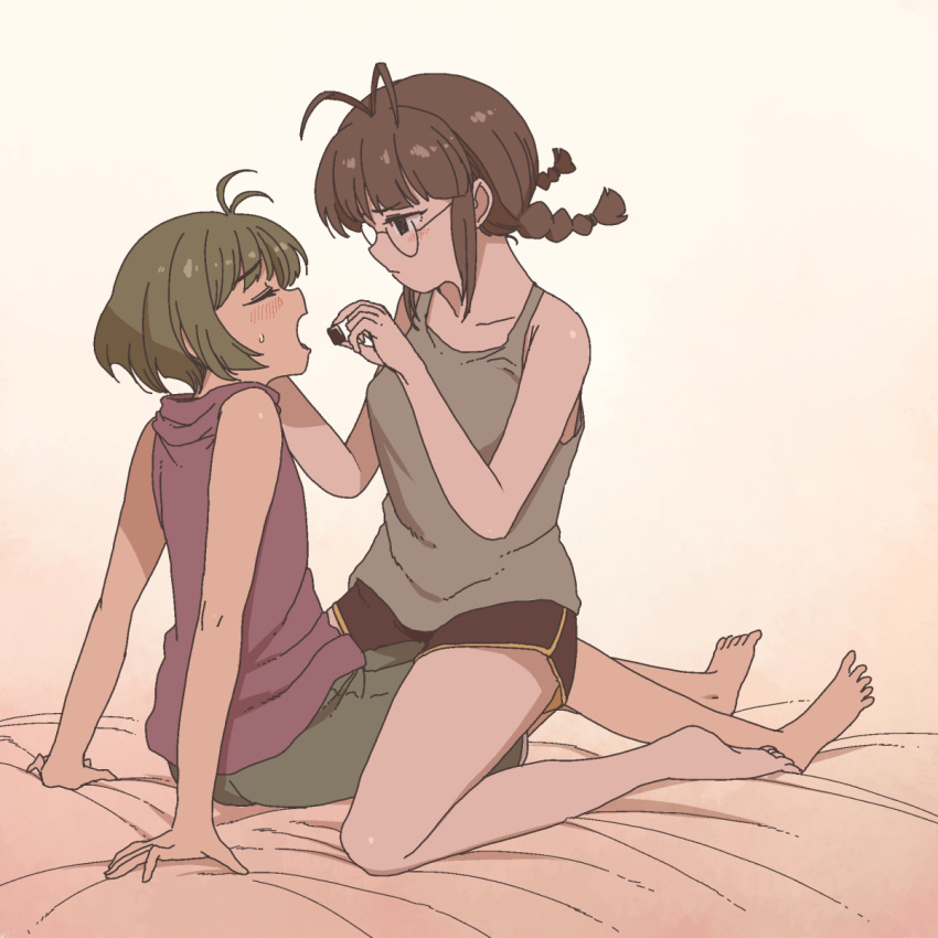 1boy 1girl akizuki_ritsuko akizuki_ryou antenna_hair arm_support blush boyshorts braid brown_hair chiaki_rakutarou chocolate closed_eyes cousins feeding glasses green_hair highres idolmaster idolmaster_(classic) idolmaster_dearly_stars on_bed shirt short_hair shorts_under_dress sitting sleeveless sleeveless_shirt straddling sweatdrop tank_top twin_braids