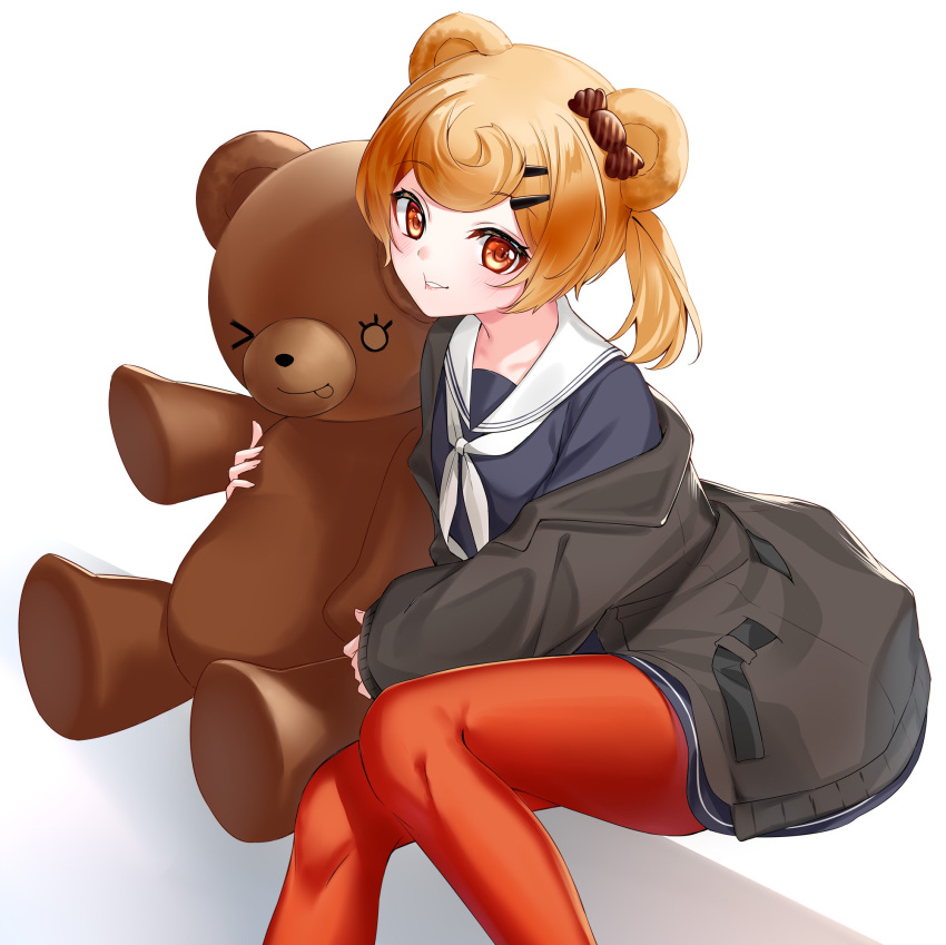 1girl animal_ears arknights bear_ears black_jacket blonde_hair blue_dress candy_hair_ornament candy_wrapper commentary_request dress feet_out_of_frame food_themed_hair_ornament gummy_(arknights) hair_ornament hairclip highres jacket long_sleeves looking_at_viewer neckerchief object_hug off_shoulder open_clothes open_jacket pantyhose parted_lips red_eyes red_legwear rukinya_(nyanko_mogumogu) sailor_collar sailor_dress sitting sleeves_past_wrists solo stuffed_animal stuffed_toy teddy_bear twintails white_background white_neckwear white_sailor_collar