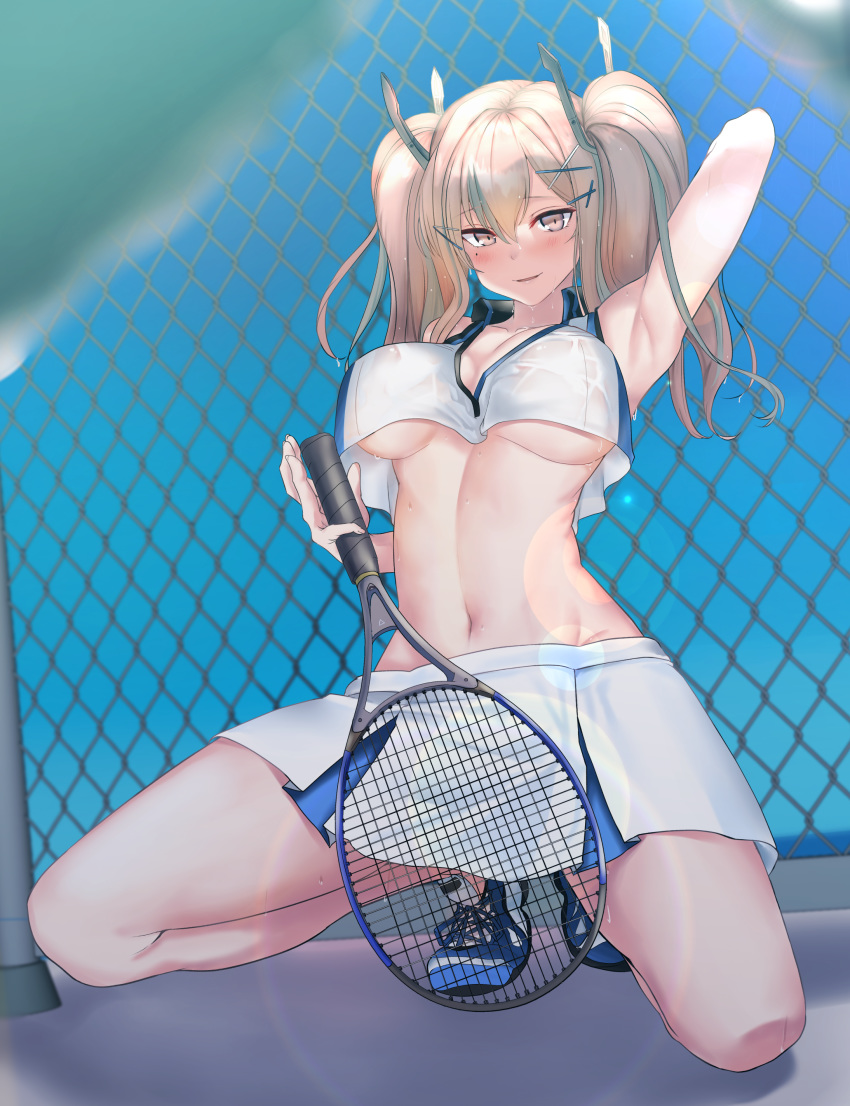 1girl absurdres alternate_hair_color arm_behind_head armpits azur_lane bangs between_thighs blue_footwear blush breasts bremerton_(azur_lane) bremerton_(scorching-hot_training)_(azur_lane) brown_eyes brown_hair chain-link_fence commentary_request crop_top crop_top_overhang day fence hair_between_eyes hair_ornament hairclip highres holding_racket large_breasts lens_flare long_hair looking_at_viewer miniskirt minki_shu mole mole_under_eye multicolored_hair navel no_bra racket shirt shoes skirt sky sleeveless sleeveless_shirt smile sneakers sportswear spread_legs squatting stomach streaked_hair sweat tennis_court tennis_racket tennis_uniform twintails two-tone_skirt underboob wet wet_clothes white_skirt x_hair_ornament