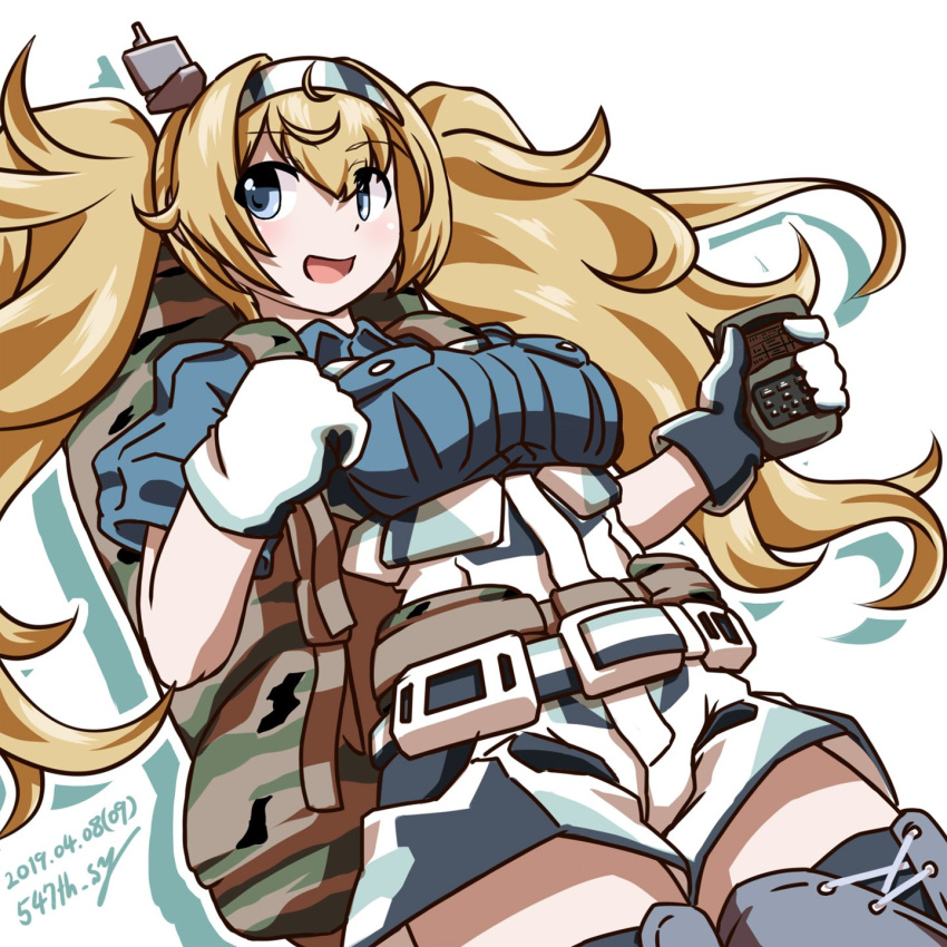 1girl 547th_sy bag blonde_hair blue_eyes blue_shirt breast_pocket breasts camouflage collared_shirt commentary_request cowboy_shot gambier_bay_(kantai_collection) gloves gps hairband highres kantai_collection large_breasts long_hair multicolored multicolored_clothes multicolored_gloves pocket shirt shorts simple_background solo thighhighs twintails white_background