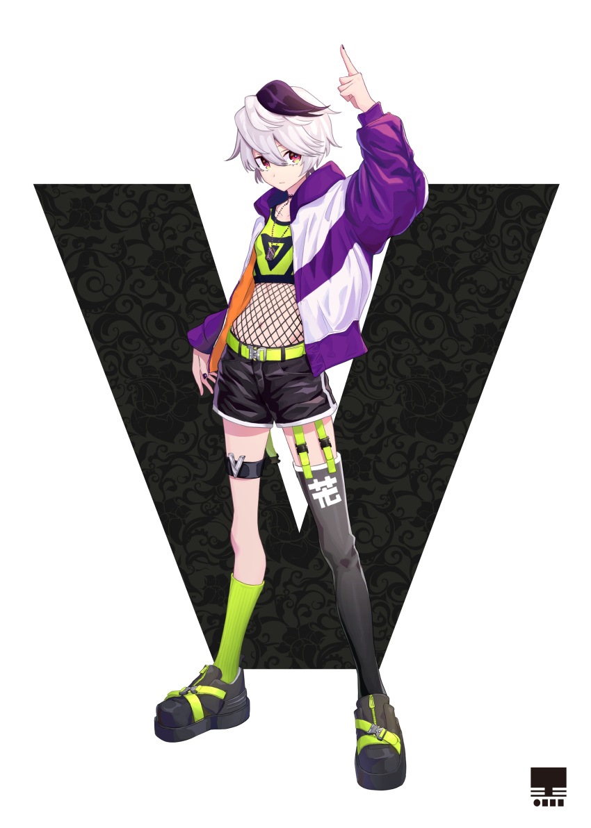 1girl absurdres black_footwear black_legwear black_shorts commentary expressionless fishnet_top flower_(vocaloid) green_legwear hand_up highres index_finger_raised jacket jewelry kanji kneehighs letter looking_at_viewer midriff mujikuro multicolored_hair necklace purple_eyes purple_jacket shoes short_hair shorts single_kneehigh single_thighhigh sneakers solo strapless streaked_hair thigh_strap thighhighs translated tubetop two-tone_jacket v_flower_(vocaloid4) vocaloid white_background white_hair white_jacket