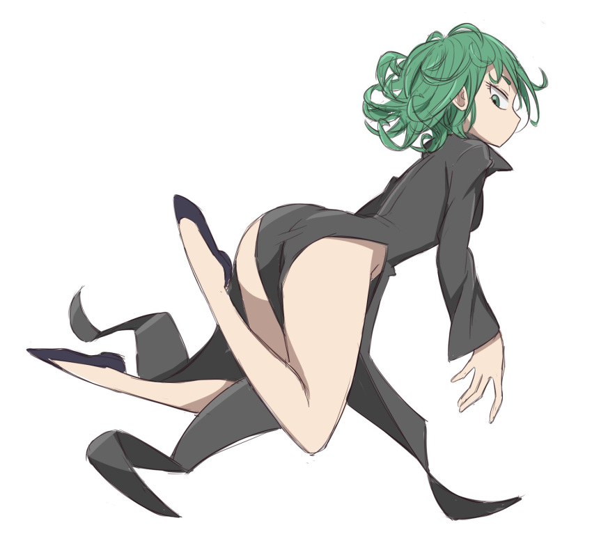 1girl ass bare_legs black_dress black_footwear dress floating full_body green_eyes green_hair highres long_sleeves looking_at_viewer looking_back one-punch_man pelvic_curtain runningpigeon73 shoes short_hair side_slit simple_background solo tatsumaki thighs white_background