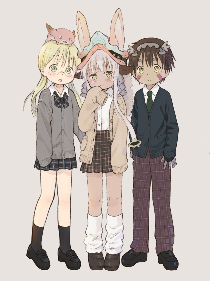 1boy 1girl 1other animal_ears black_footwear black_legwear blonde_hair blush bow bowtie brown_cardigan brown_footwear brown_hair cardigan creature_on_head dark_skin facial_mark furry green_eyes green_neckwear grey_cardigan hairband hat highres horizontal_pupils horns loafers looking_at_viewer loose_socks made_in_abyss mechanical_arms meinya_(made_in_abyss) nanachi_(made_in_abyss) nanoningen_(anapoko) necktie open_cardigan open_clothes pants plaid plaid_neckwear plaid_pants pleated_skirt regu_(made_in_abyss) riko_(made_in_abyss) shoes simple_background skirt sleeves_past_fingers sleeves_past_wrists socks twintails whiskers white_hair yellow_eyes