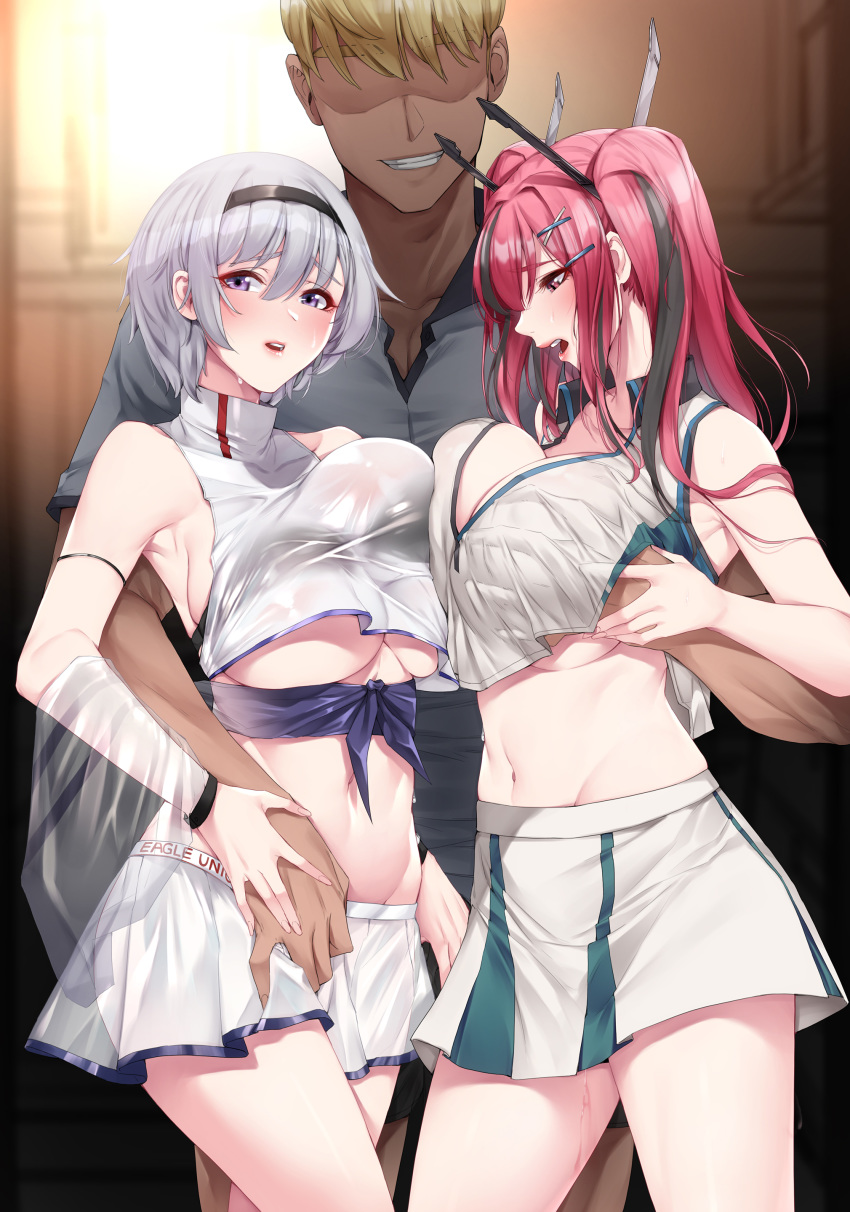 1boy 2girls absurdres akchu azur_lane bangs bare_shoulders blonde_hair breast_grab breasts bremerton_(azur_lane) bremerton_(scorching-hot_training)_(azur_lane) cheerleader cleavage commentary_request crop_top crop_top_overhang dark_skin dark_skinned_male detached_sleeves faceless faceless_male grabbing grey_hair grin hair_between_eyes hair_ornament headgear highres holding_another huge_breasts imminent_sex large_breasts long_hair looking_down midriff miniskirt multicolored_hair multiple_girls navel open_mouth pleated_skirt purple_eyes red_eyes red_hair reno_(azur_lane) reno_(biggest_little_cheerleader)_(azur_lane) see-through shaded_face shirt short_hair short_sleeves silver_hair skirt sleeveless sleeveless_shirt sleeveless_turtleneck smile sportswear streaked_hair sweat tennis_uniform thighs toned turtleneck twintails two-tone_skirt underboob white_skirt x_hair_ornament