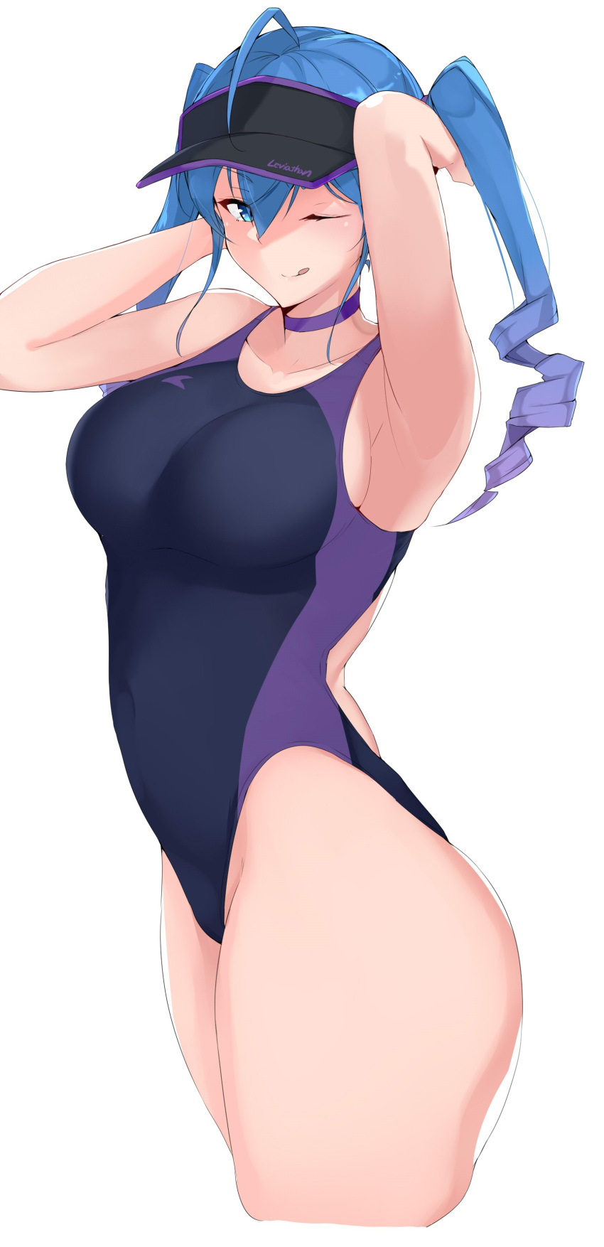 1girl absurdres ahoge arm_behind_head armpits arms_up black_swimsuit blue_eyes blue_hair choker commentary_request competition_swimsuit cowboy_shot drill_hair highleg highleg_swimsuit highres long_hair looking_at_viewer maruya1006 one-piece_swimsuit one_eye_closed original purple_choker simple_background solo standing swimsuit twin_drills twintails visor_cap white_background