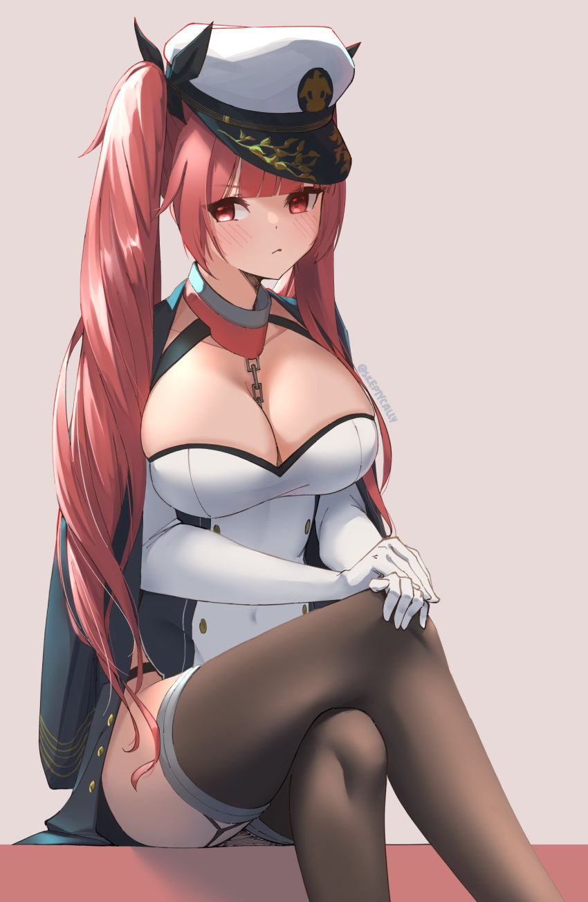 1girl azur_lane bangs between_breasts black_coat blunt_bangs blush breasts brown_legwear chain cleavage closed_mouth coat covered_navel crossed_legs double-breasted dress elbow_gloves eyebrows_visible_through_hair garter_belt garter_straps gloves hair_ribbon hand_on_own_knee hands_together hat highres honolulu_(azur_lane) jacket_on_shoulders large_breasts lavender_background long_hair looking_at_viewer looking_away military_hat off-shoulder_dress off_shoulder peaked_cap red_eyes red_hair ribbon short_dress simple_background sitting skeptycally skindentation solo thick_thighs thighhighs thighs twintails twitter_username white_gloves white_headwear