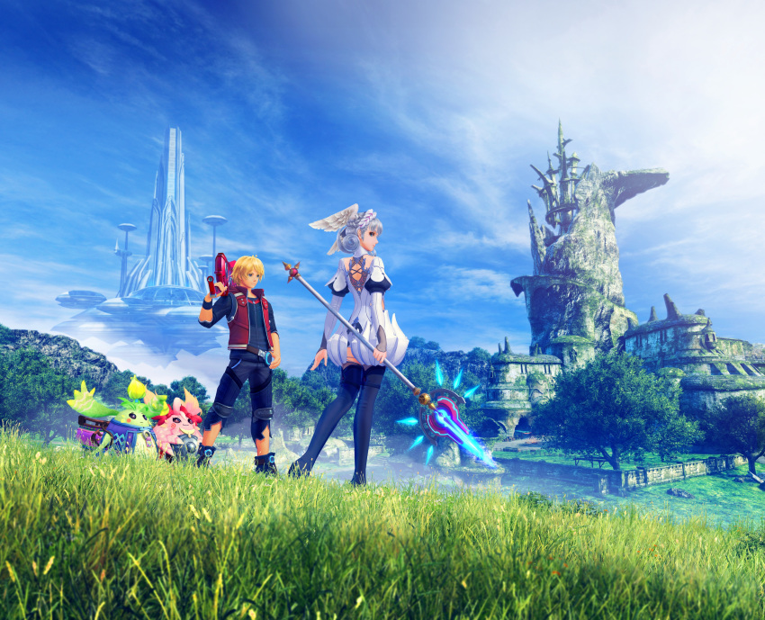 1boy 1girl 3d absurdres blue_eyes day grass head_wings highres holding holding_staff jacket melia monado nopon official_art outdoors red_jacket scenery shulk silver_hair smile staff xenoblade_(series) xenoblade_1