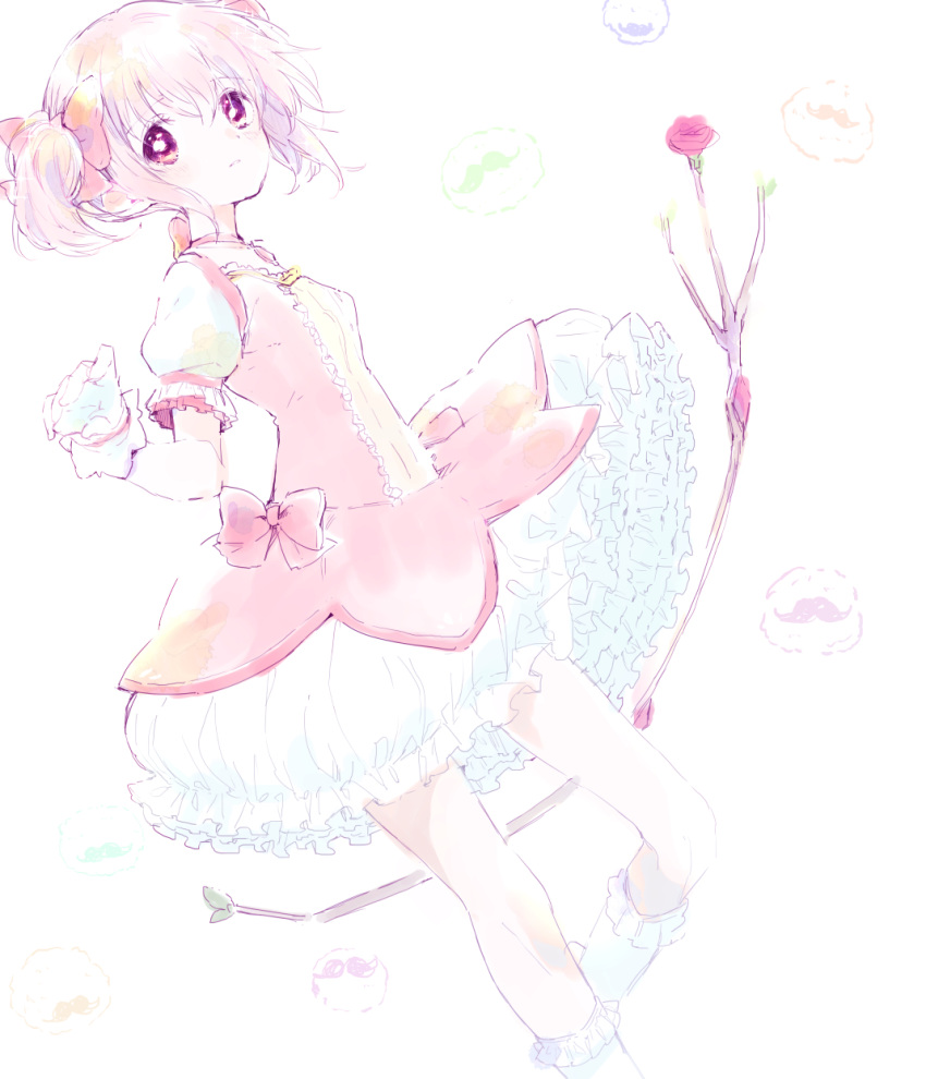 1girl anthony_(madoka_magica) bare_legs blush bow_(weapon) breasts bubble_skirt choker collarbone colorful dot_nose dutch_angle eyebrows_visible_through_hair eyelashes facial_hair familiar_(madoka_magica) feet_out_of_frame floating_hair flower frilled_legwear frilled_skirt frilled_sleeves frills furrowed_eyebrows gloves hair_between_eyes hair_ribbon hand_up highres kaname_madoka knee_up leaf looking_afar mahou_shoujo_madoka_magica mustache parted_lips pink_eyes pink_flower pink_hair pink_ribbon pink_rose puffy_short_sleeves puffy_sleeves ranan ribbon rose short_sleeves short_twintails sidelocks simple_background skirt small_breasts socks solo soul_gem standing standing_on_one_leg twintails weapon white_background white_gloves white_legwear white_skirt