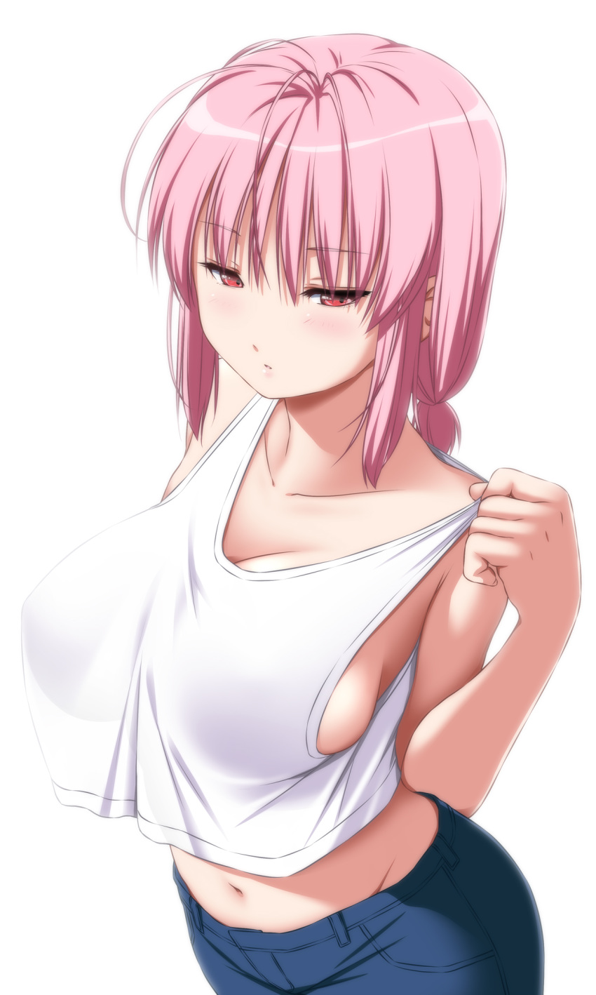 1girl bangs bare_arms bare_shoulders blush breasts cleavage collarbone commentary_request crop_top crop_top_overhang eyebrows_visible_through_hair groin highres large_breasts looking_at_viewer midriff navel no_hat no_headwear nori_tamago pink_hair red_eyes saigyouji_yuyuko short_hair sidelocks simple_background solo tank_top touhou upper_body white_background white_tank_top