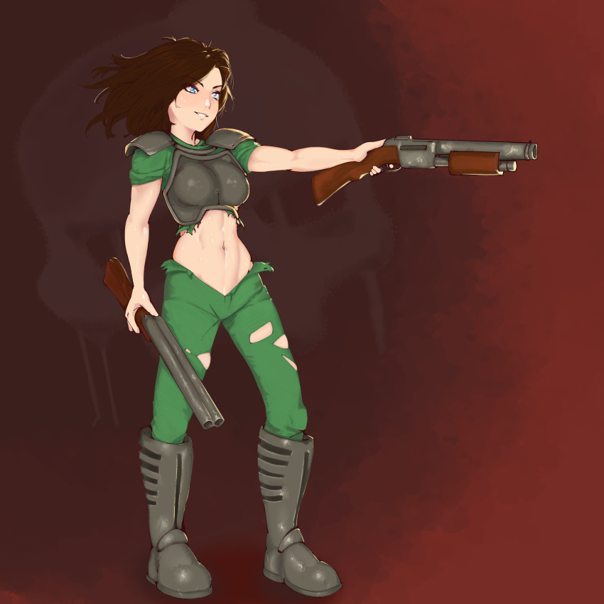 1girl absurdres armor armored_boots blue_eyes boots brown_hair cosplay doom_(game) doomguy doomguy_(cosplay) green_pants green_shirt gun highres ion_fury midriff navel open_mouth pants shelly_harrison shirt shotgun smile solo standing thwwshark torn_clothes torn_legwear weapon