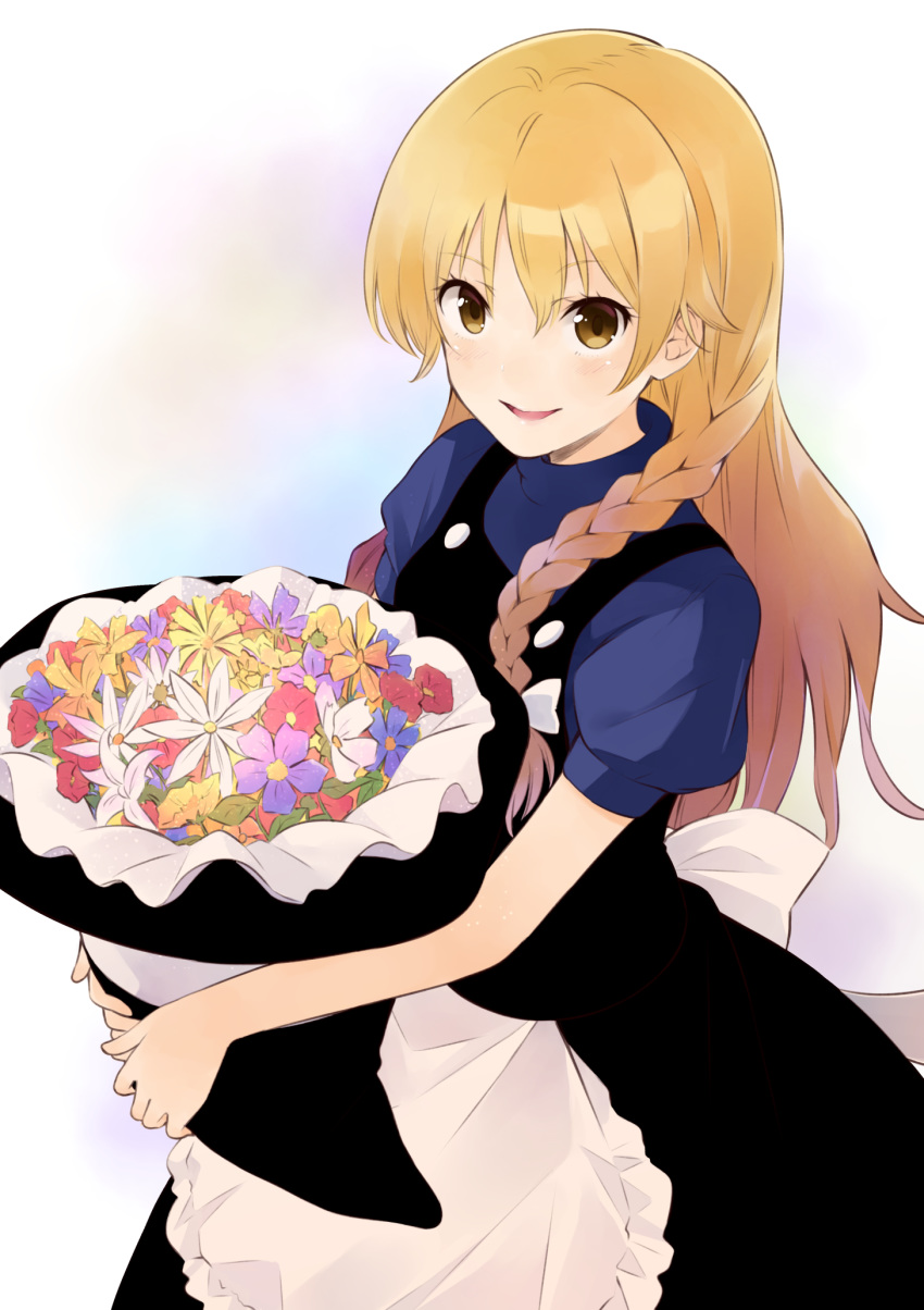 1girl alternate_color apron black_skirt black_vest blonde_hair blue_background blue_shirt braid commentary eyebrows_visible_through_hair flower gradient gradient_background hair_between_eyes hair_ribbon hat hat_basket hat_removed headwear_removed highres holding holding_hat hutaba_minto kirisame_marisa long_hair looking_at_viewer parted_lips pink_background puffy_short_sleeves puffy_sleeves ribbon shirt short_sleeves single_braid skirt smile solo standing touhou tress_ribbon upper_body very_long_hair vest waist_apron white_background witch_hat yellow_eyes