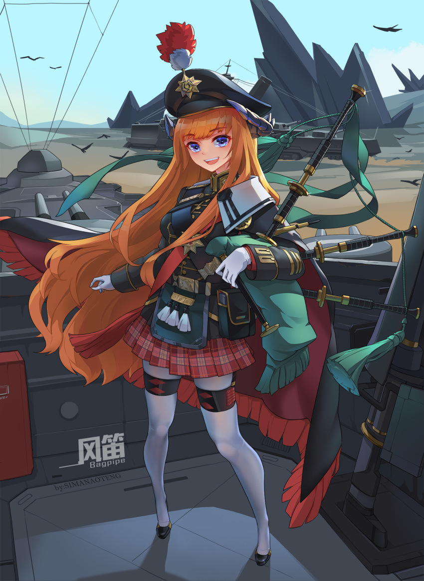 1girl :d alternate_costume arknights bagpipe_(arknights) bagpipes bangs bird black_footwear black_headwear black_jacket blue_eyes blue_sky character_name chinese_commentary commentary_request day eyebrows_visible_through_hair full_body gloves highres holding holding_instrument horns instrument jacket kilt long_hair long_sleeves looking_at_viewer miniskirt open_mouth orange_hair outdoors pantyhose pleated_skirt pom_pom_(clothes) red_skirt shadow shoes sima_naoteng skirt sky smile solo standing very_long_hair white_gloves white_legwear