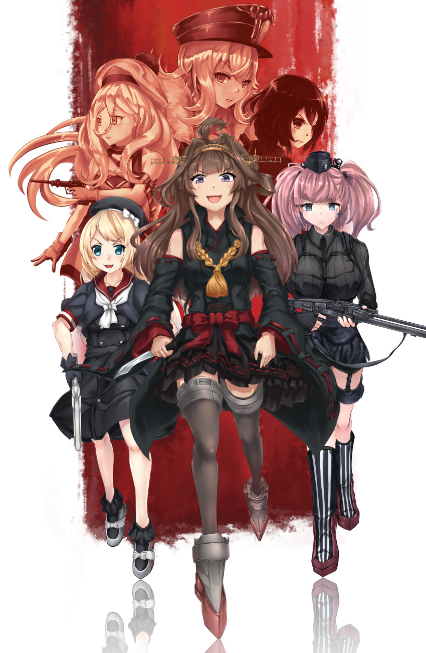 6+girls ahoge alternate_color atlanta_(kantai_collection) azur_lane beret black_headwear blonde_hair blue_eyes boots breasts brown_hair crossover double_bun earrings garrison_cap gloves graf_zeppelin_(azur_lane) grey_eyes gun hair_between_eyes hairband hat high_heels highres inglourious_basterds jervis_(kantai_collection) jewelry kantai_collection kongou_(kantai_collection) large_breasts long_hair mary_janes mole mole_under_eye mole_under_mouth multiple_girls mutsuki_(kantai_collection) nontraditional_miko parody remodel_(kantai_collection) richelieu_(kantai_collection) sailor_hat shoes skirt star star_earrings thigh_boots thigh_strap thighhighs two_side_up wakaura_asaho weapon white_gloves