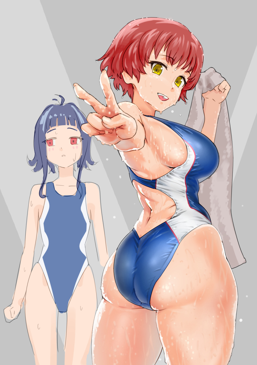 2girls ass black_hair blue_swimsuit breasts brown_hair commentary_request competition_swimsuit curvy dokiyuri from_behind highleg highleg_swimsuit highres kakumeiki_valvrave large_breasts looking_at_viewer looking_back looking_to_the_side multiple_girls nanami_rion nobi_marie one-piece_swimsuit red_eyes short_hair sideboob sidelocks swimsuit towel v wet yellow_eyes