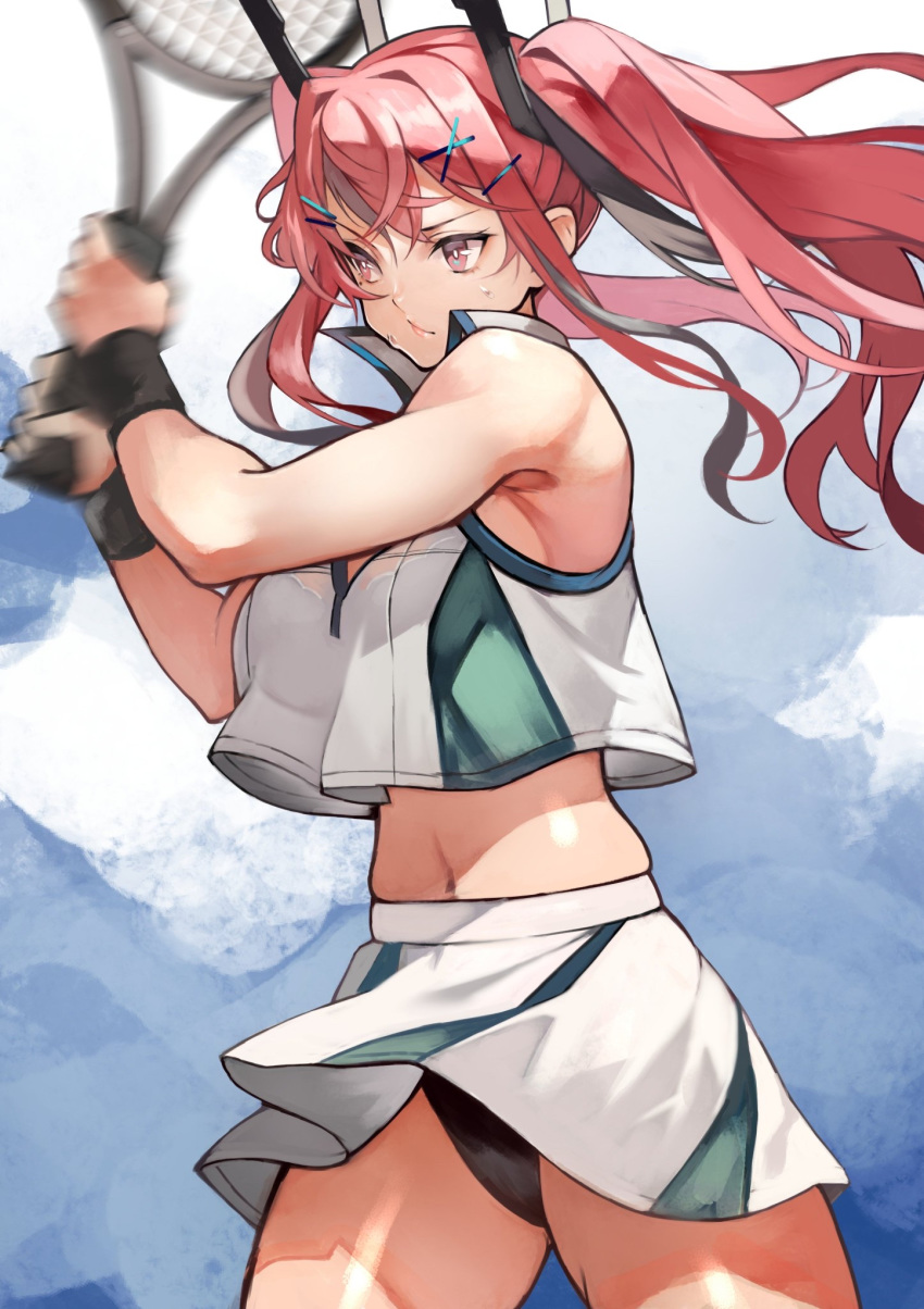 1girl 55level azur_lane bangs bare_shoulders bare_thighs black_panties blue_background breasts bremerton_(azur_lane) bremerton_(scorching-hot_training)_(azur_lane) closed_mouth collared_shirt commentary cowboy_shot crop_top crop_top_overhang green_skirt grey_hair hair_between_eyes hair_intakes hair_ornament hairclip highres holding_racket large_breasts long_hair looking_to_the_side midriff mole mole_under_eye motion_blur multicolored_hair navel panties pantyshot pantyshot_(standing) pink_eyes pink_hair racket shirt sidelocks simple_background skirt sleeveless sleeveless_shirt solo sportswear standing streaked_hair sweat tennis tennis_racket tennis_uniform twintails two-tone_hair two-tone_skirt underwear white_shirt white_skirt wind wind_lift wristband