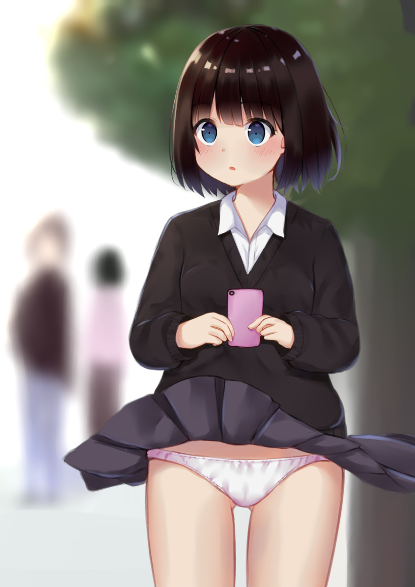1girl 2others :o accidental_exposure ass_visible_through_thighs bangs black_hair black_skirt black_sweater blue_eyes blurry blurry_background blush cellphone collared_shirt commentary_request cowboy_shot depth_of_field eyebrows_visible_through_hair highres holding holding_phone kake_kan long_sleeves looking_away looking_to_the_side miniskirt multiple_others original outdoors panties pantyshot pantyshot_(standing) parted_lips phone pleated_skirt shirt short_hair skirt smartphone solo_focus standing sweater thighs tree underwear white_panties white_shirt wind wind_lift wing_collar