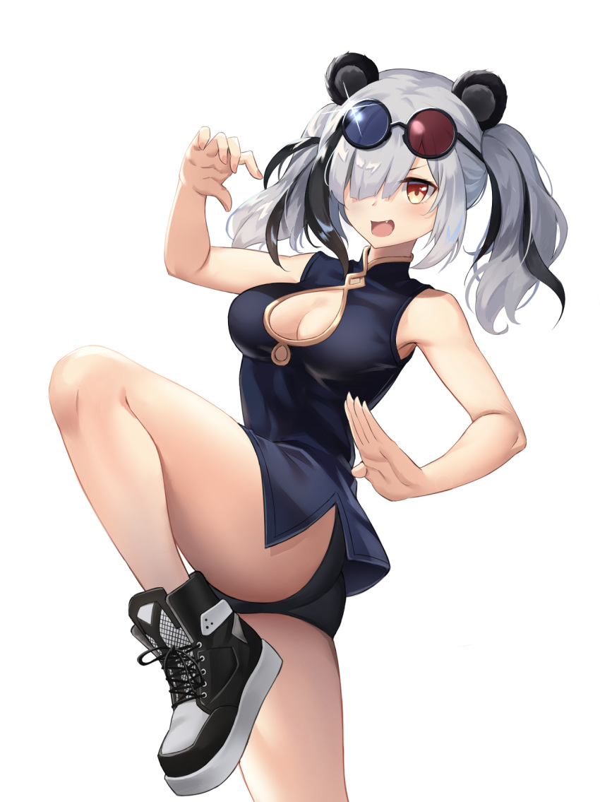 1girl 3d_glasses :d acso animal_ears arknights ass bangs bare_arms bare_legs bare_shoulders black_dress black_footwear black_hair black_panties blush breasts china_dress chinese_clothes cleavage cleavage_cutout commentary cowboy_shot dress eyewear_on_head fang feater_(arknights) fighting_stance glint hair_over_one_eye hand_up highres long_hair looking_at_viewer medium_breasts multicolored_hair open_mouth panda_ears panties shoes sidelocks silver_hair simple_background sleeveless sleeveless_dress smile sneakers solo standing standing_on_one_leg streaked_hair sunglasses thighs twintails underwear white_background yellow_eyes