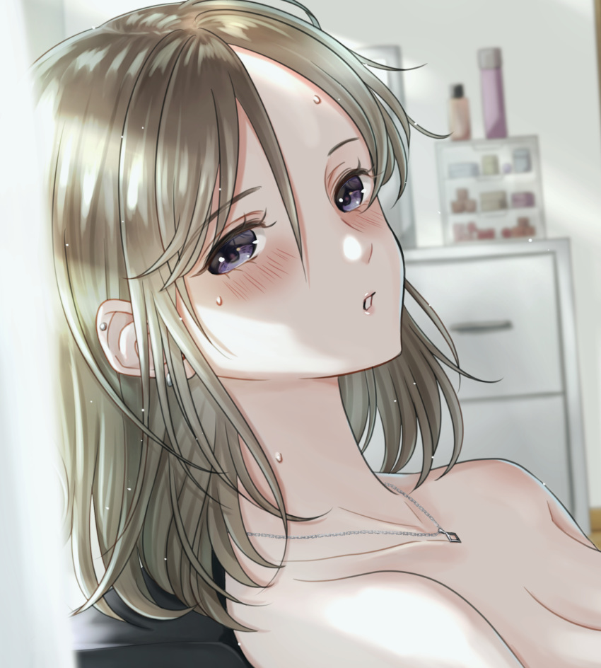 1girl blue_eyes blurry blurry_background blush breasts cleavage collarbone eyebrows_visible_through_hair hair_between_eyes highres indoors jewelry kuroneko_w1nter light_brown_hair looking_at_viewer medium_breasts necklace nude original parted_lips portrait shiny shiny_hair short_hair solo sweat