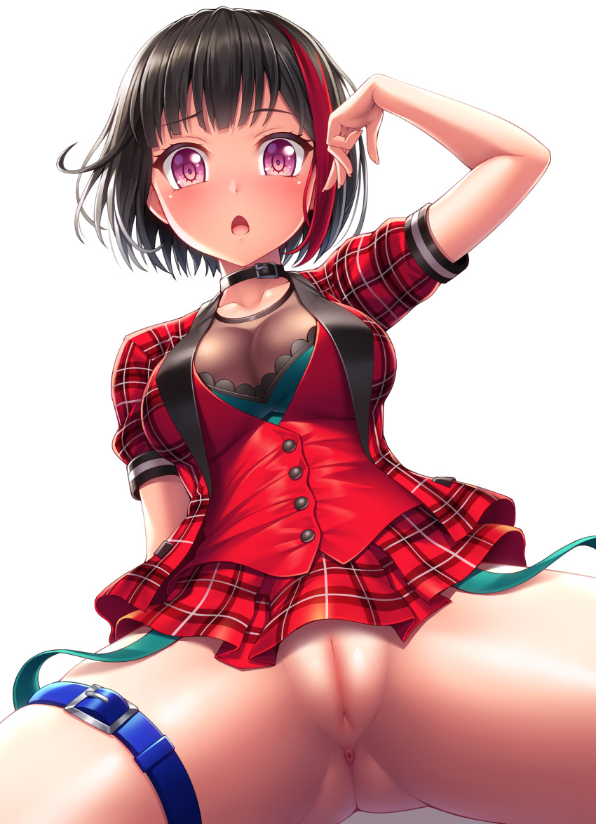 1girl absurdres anus arm_at_side ass_visible_through_thighs bang_dream! bangs black_choker black_hair blush bob_cut bottomless breasts buttons choker collarbone dress eyebrows_visible_through_hair eyelashes fanbox_reward fingernails hair_between_eyes hand_to_head hand_up highres lambda_(kusowarota) long_fingernails looking_at_viewer medium_breasts microdress mitake_ran multicolored_hair no_panties open_mouth paid_reward plaid plaid_dress plaid_skirt pleated_dress purple_eyes pussy red_dress red_hair red_skirt short_sleeves simple_background single_strap sitting skirt solo spread_legs streaked_hair thigh_strap two-tone_hair uncensored white_background