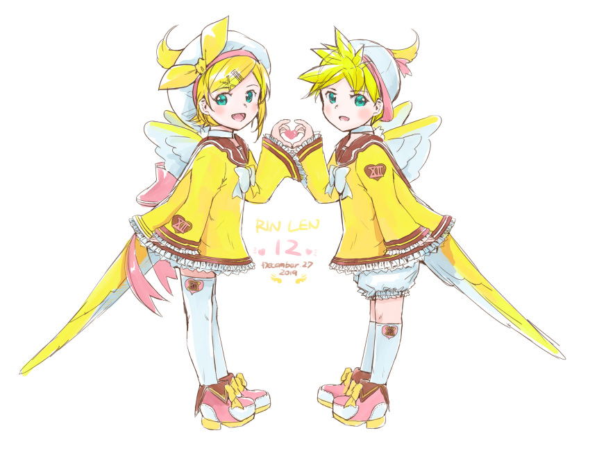 1boy 1girl 2019 anniversary aqua_eyes bangs bird bird_costume bird_tail bird_wings blonde_hair bloomers blush character_name child cockatiel commentary dated dress frilled_dress frills hair_ornament hairclip hat heart heart_hands heart_hands_duo heart_print highres kagamine_len kagamine_rin kneehighs mayo_riyo open_mouth shoes smile spiked_hair swept_bangs symmetry thighhighs underwear vocaloid white_background white_headwear white_legwear wings yellow_dress