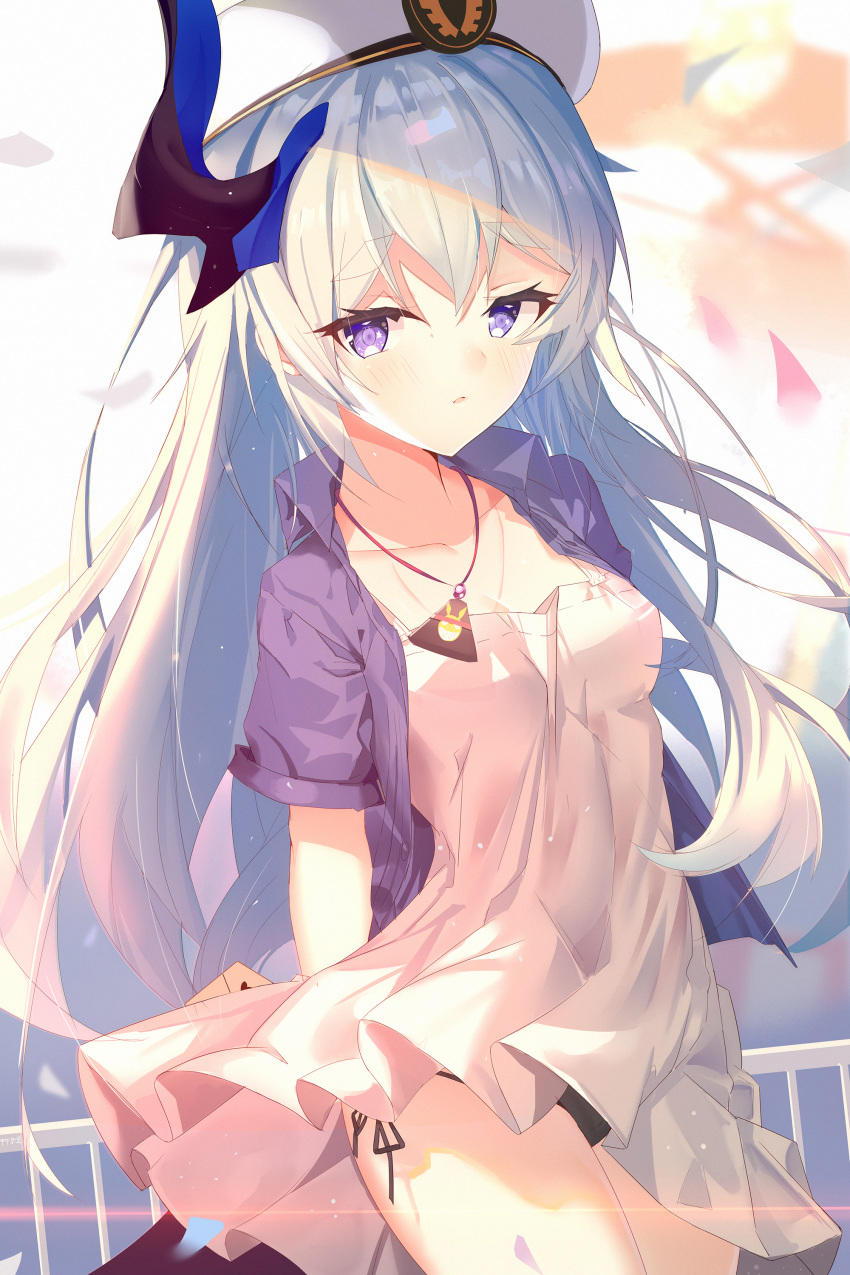1girl absurdres arms_behind_back black_panties blue_hair blush casual commentary_request cowboy_shot dress eyebrows_visible_through_hair floating_hair hat highres holding_letter homu_(honkai_impact) honkai_(series) honkai_impact_3rd horn jacket jewelry letter liliya_olenyeva long_hair looking_at_viewer necklace open_clothes open_jacket panties pantyshot pantyshot_(standing) pink_dress purple_eyes short_dress short_sleeves side-tie_panties solo standing thick_eyebrows thighhighs underwear wind wind_lift zettai_ryouiki zhongwu_chahui