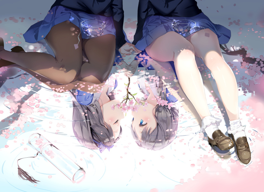 2girls anmi aqua_eyes bangs black_hair black_legwear blazer blue_eyes blush bobby_socks brown_footwear cherry_blossoms closed_eyes commentary_request day diploma flower graduation hair_flower hair_ornament hair_ribbon hairband hands_together highres holding_hands jacket legs loafers long_hair multiple_girls original outdoors pantyhose petals pleated_skirt puddle reflection reflective_water ribbon ripples school_uniform shoes side-by-side sitting skirt socks spring_(season) tube twintails yokozuwari yuri