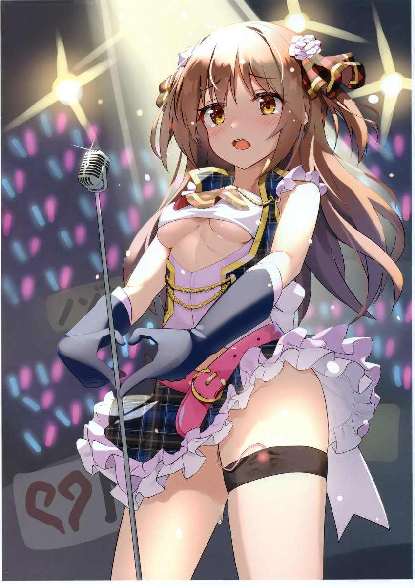 1girl absurdres bangs belt belt_buckle black_gloves black_skirt black_vest blush breasts brown_eyes brown_hair buckle elbow_gloves eyebrows_visible_through_hair flower frilled_skirt frills glint gloves glowstick hair_flower hair_ornament hair_ribbon heart heart_hands highres idol kutata long_hair medium_breasts microphone microphone_stand open_mouth outstretched_arms pink_belt plaid plaid_skirt plaid_vest princess_connect! princess_connect!_re:dive remote_control_vibrator ribbon rose sakurai_nozomi_(princess_connect) scan skirt solo stage_lights thigh_strap two_side_up underboob very_long_hair vest vibrator white_flower white_rose